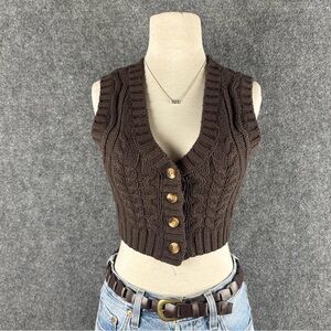 Brown Cable Knit Cropped Vest Tank Top